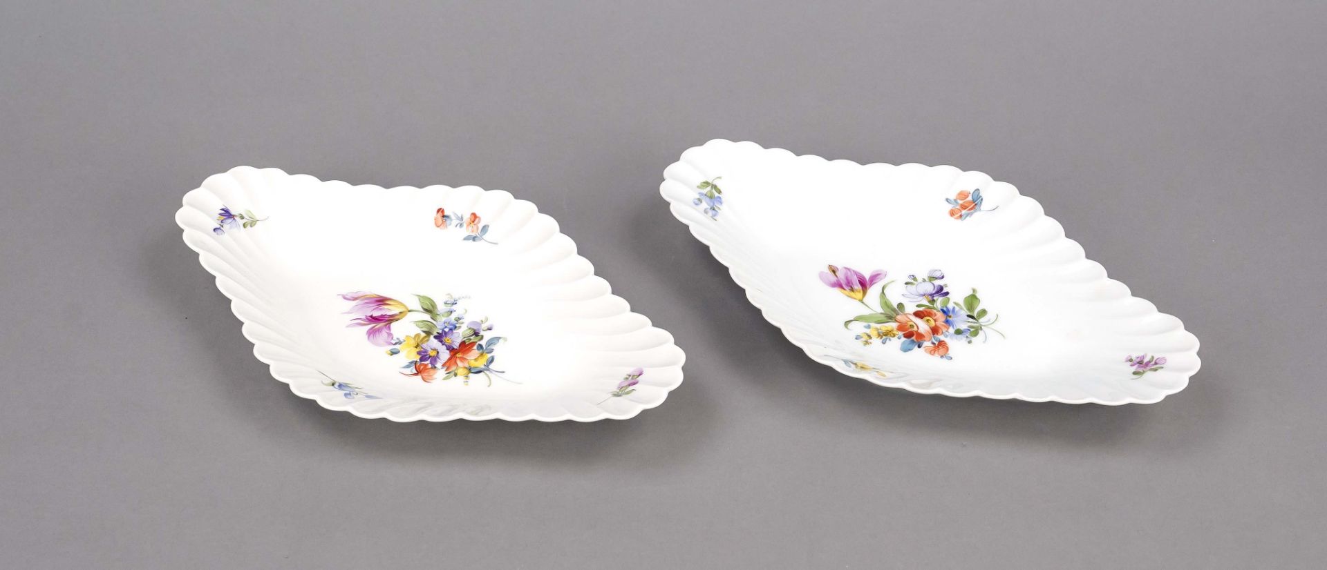 Pair of oval bowls, Nymphenburg, mark 1925-75, boat shape, fanned sides, polychrome floral painting,