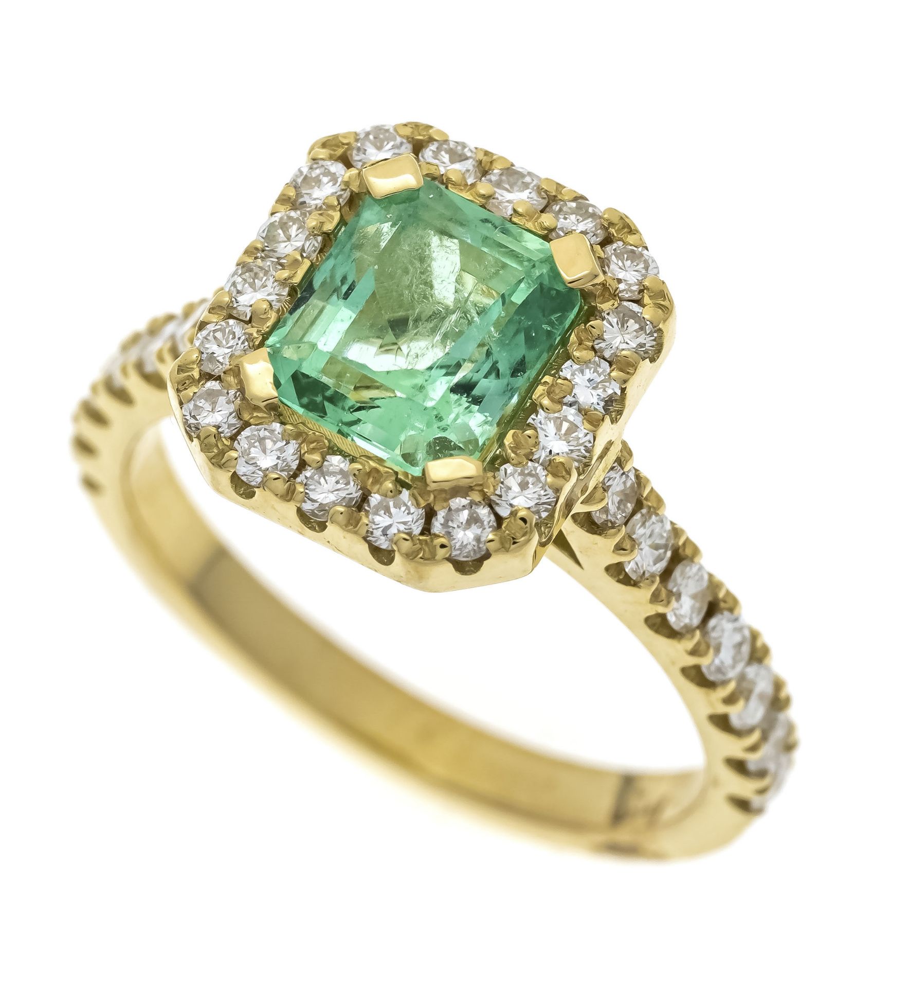 Emerald-brilliant ring GG 750/000 with a faceted Colombian emerald 1.27 ct in a luminous slightly