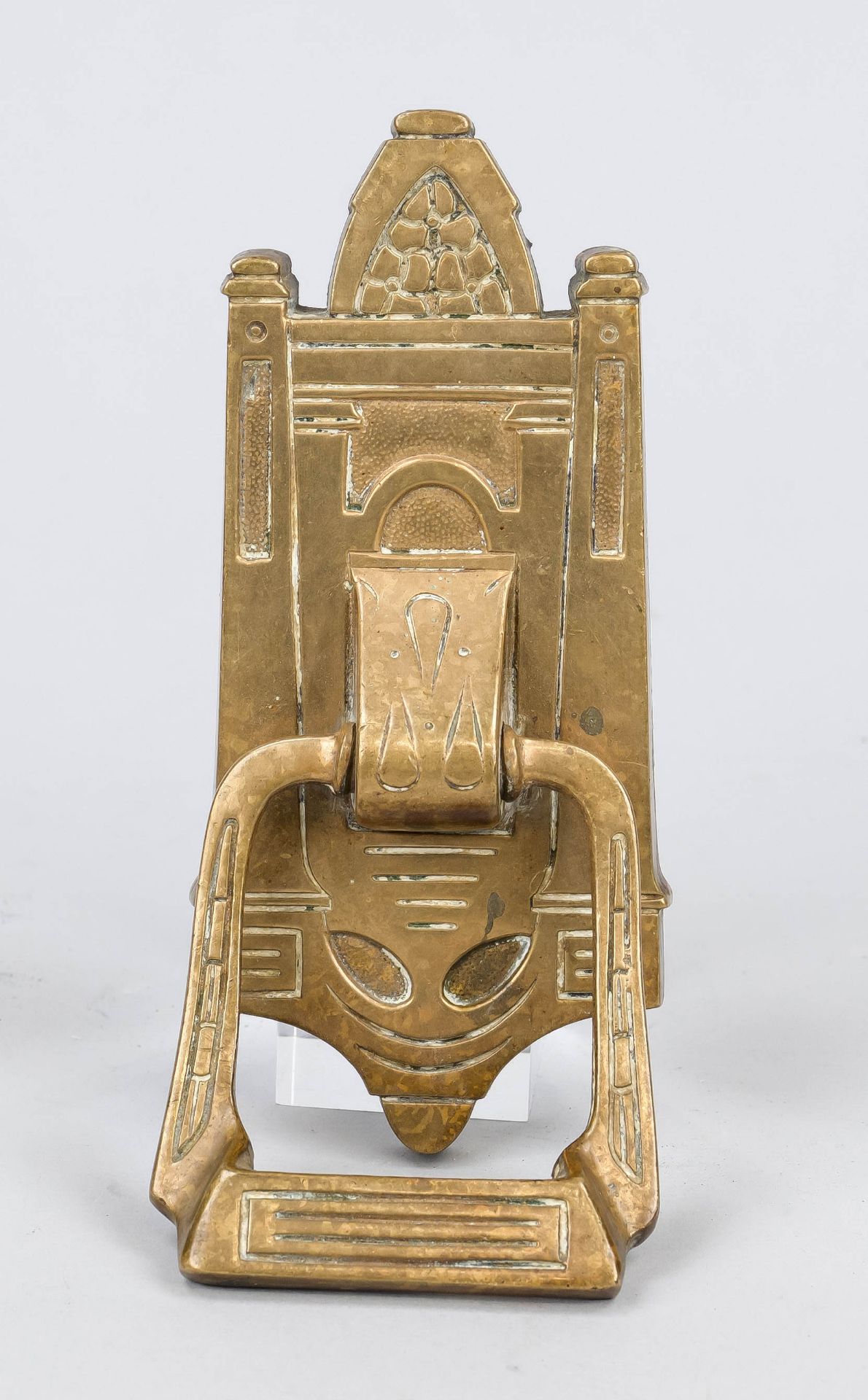 Bell push, early 20th century, brass/bronze. Architecturally and geometrically decorated, 17 x 8 cm