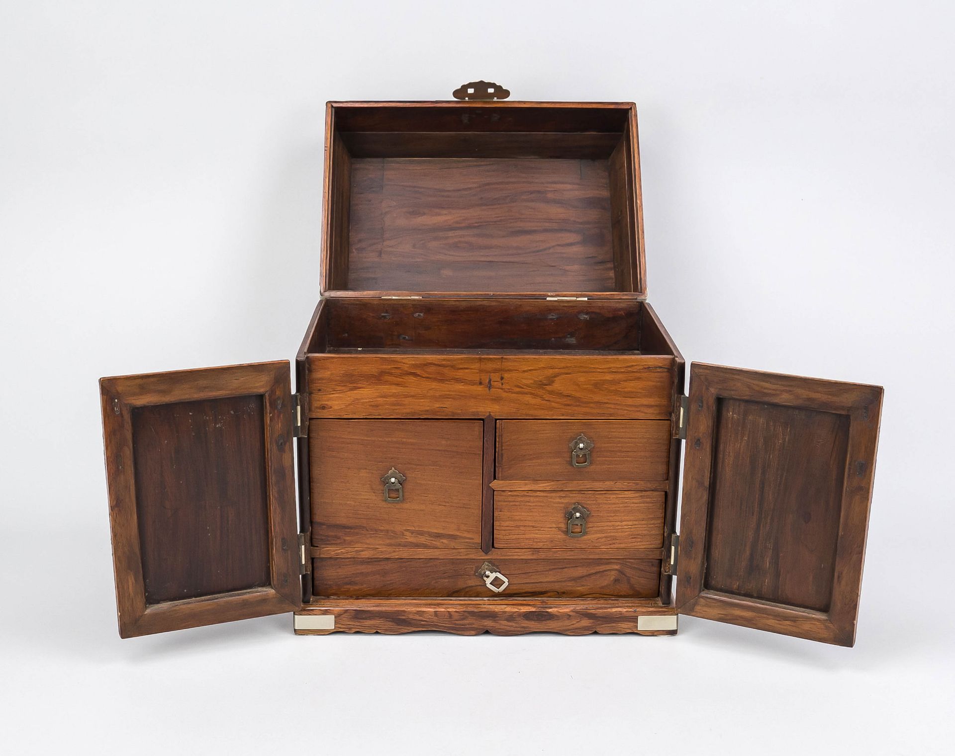 Small cabinet, China, 20th century, very finely grained hardwood with metal fittings. Hinged lid and - Image 2 of 2