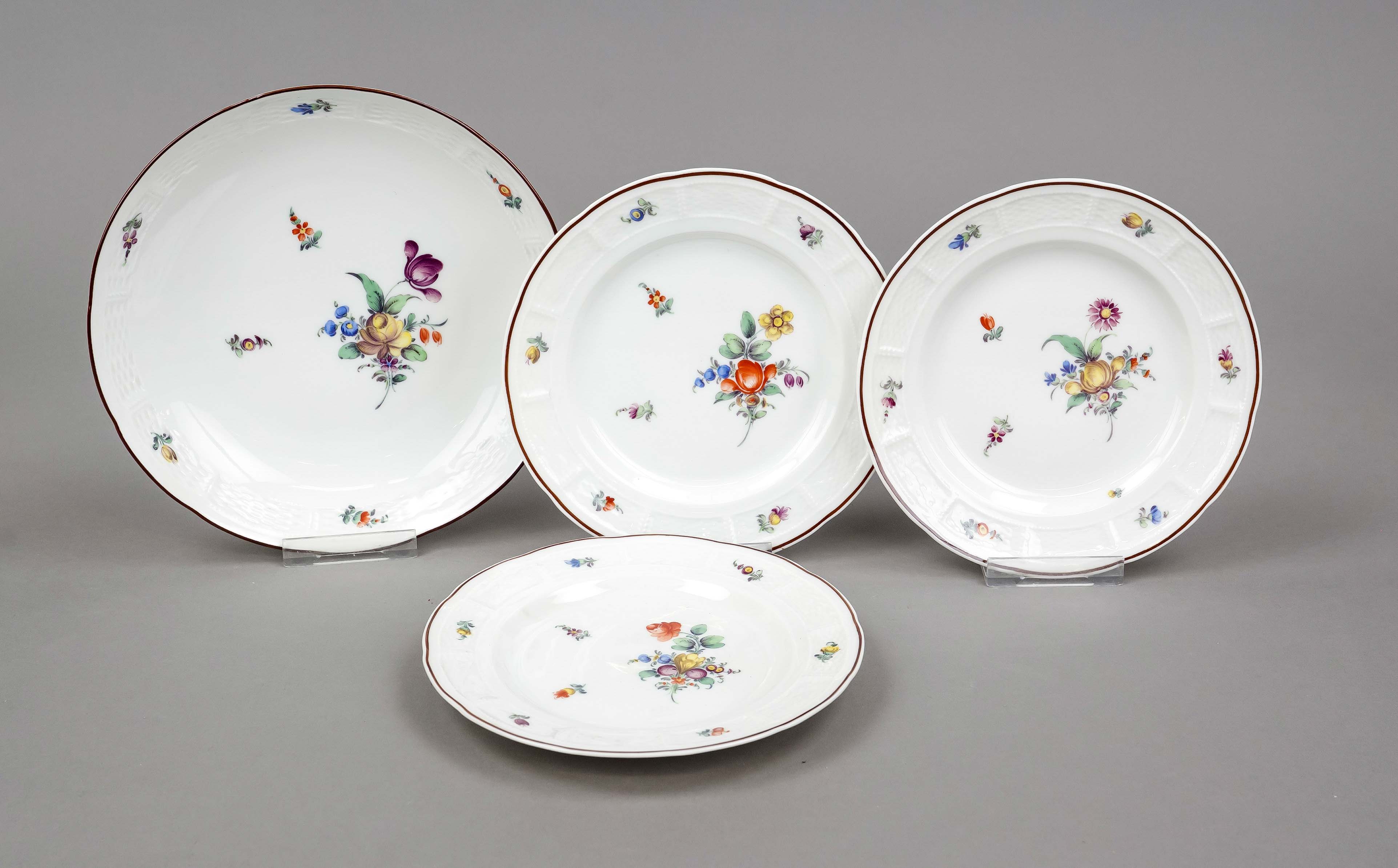 Four pieces, Nymphenburg, 20th century, Ozier shape, polychrome flower painting, dark brown rim, 3