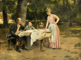 A. Neapi, genre painter late 19th century, Picnic in the open air, oil on canvas, signed and