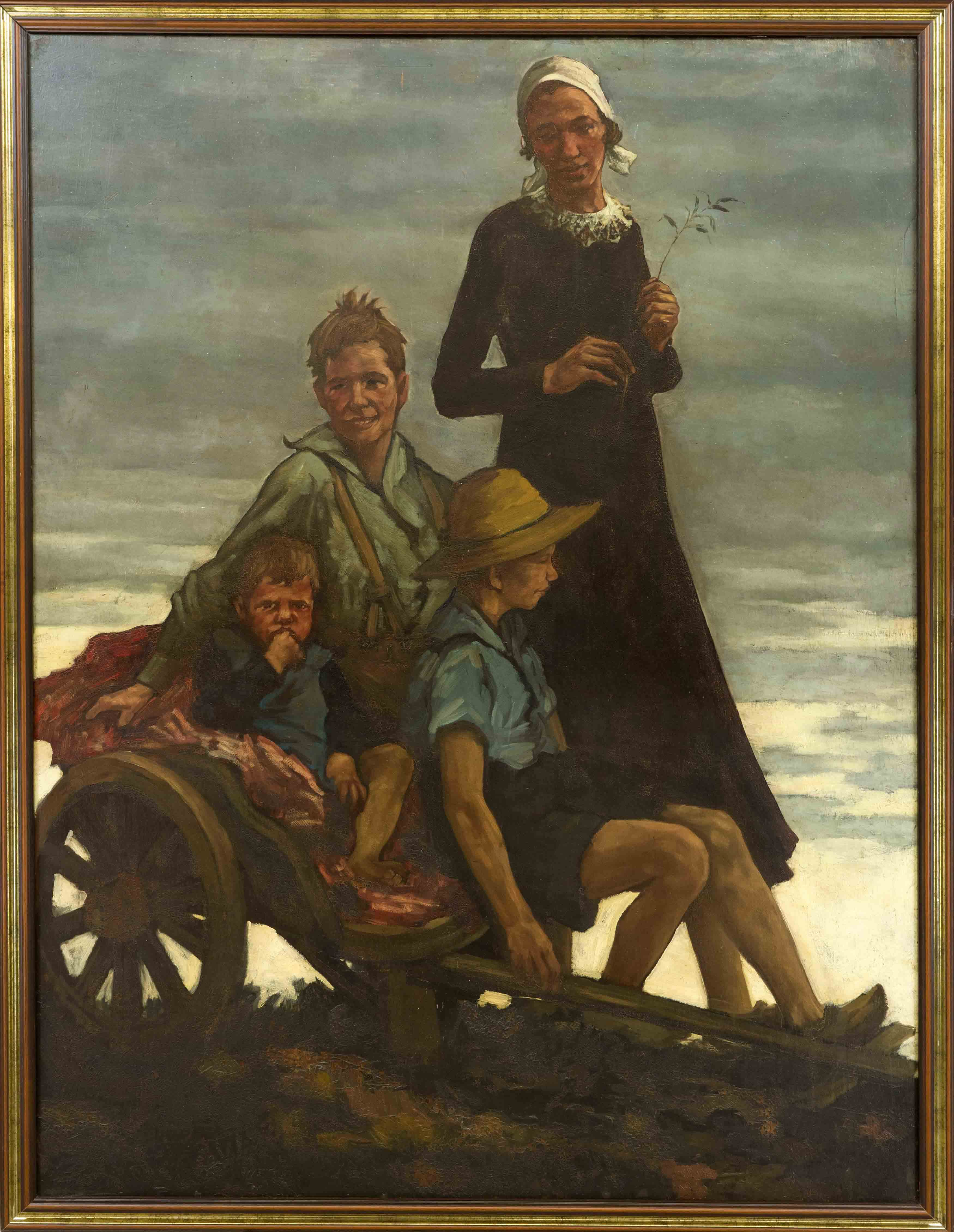 Anonymous genre painter c. 1920, Refugee Family, large work in oil on plywood, unsigned, 130 x 100