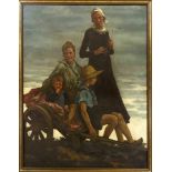Anonymous genre painter c. 1920, Refugee Family, large work in oil on plywood, unsigned, 130 x 100