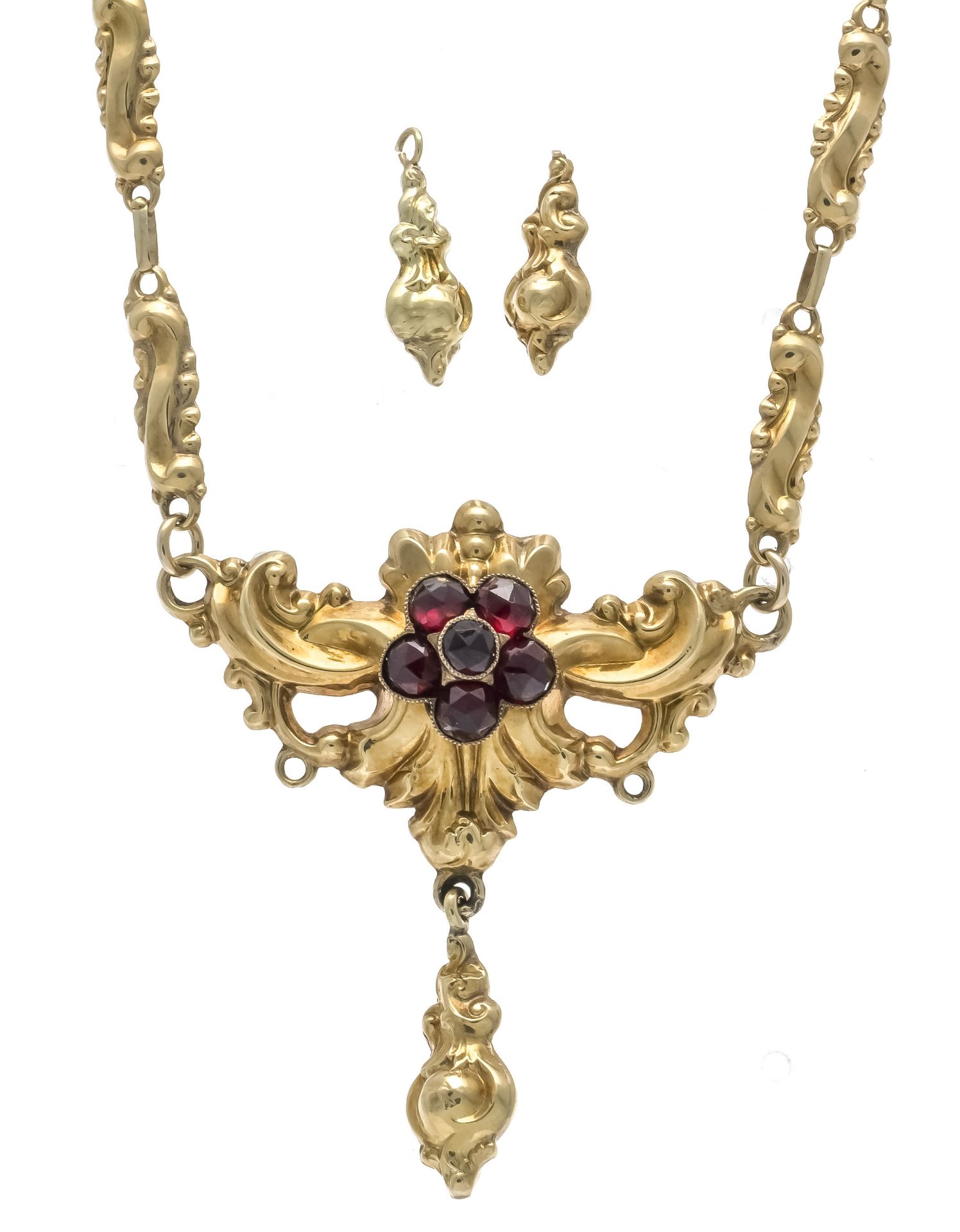 Foam gold necklace GG 585/000 unstamped, tested, with 6 round faceted garnets 3 mm, l. 35.5 cm +