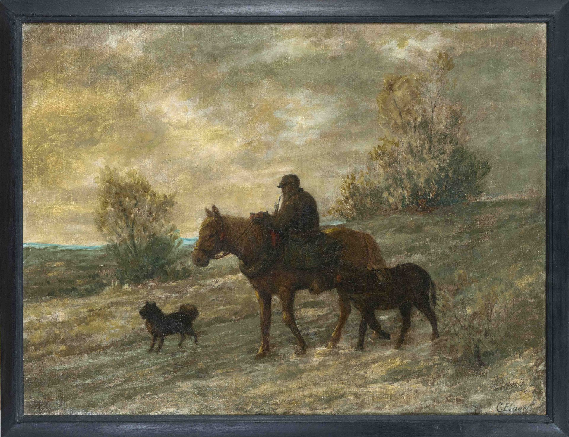 Carl Engel, 19th century, Landscape in the evening with a farmer returning home, accompanied by a