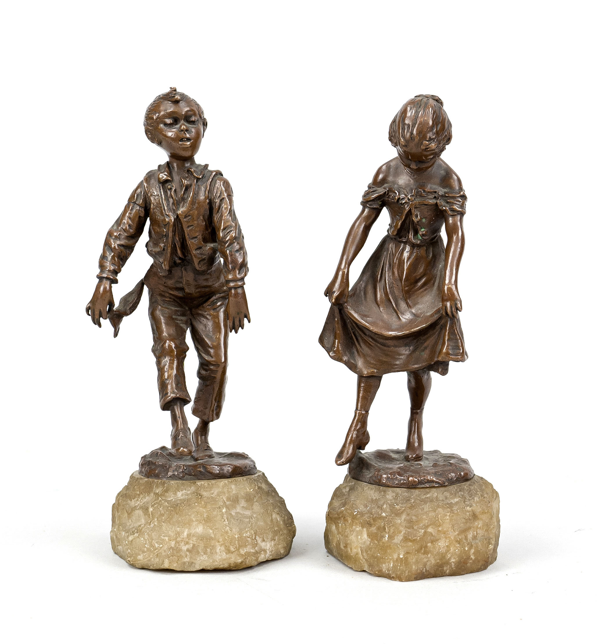 Anonymous sculptor, c. 1900, pair of dancing children, brown patinated bronze on marble plinth,