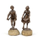 Anonymous sculptor, c. 1900, pair of dancing children, brown patinated bronze on marble plinth,