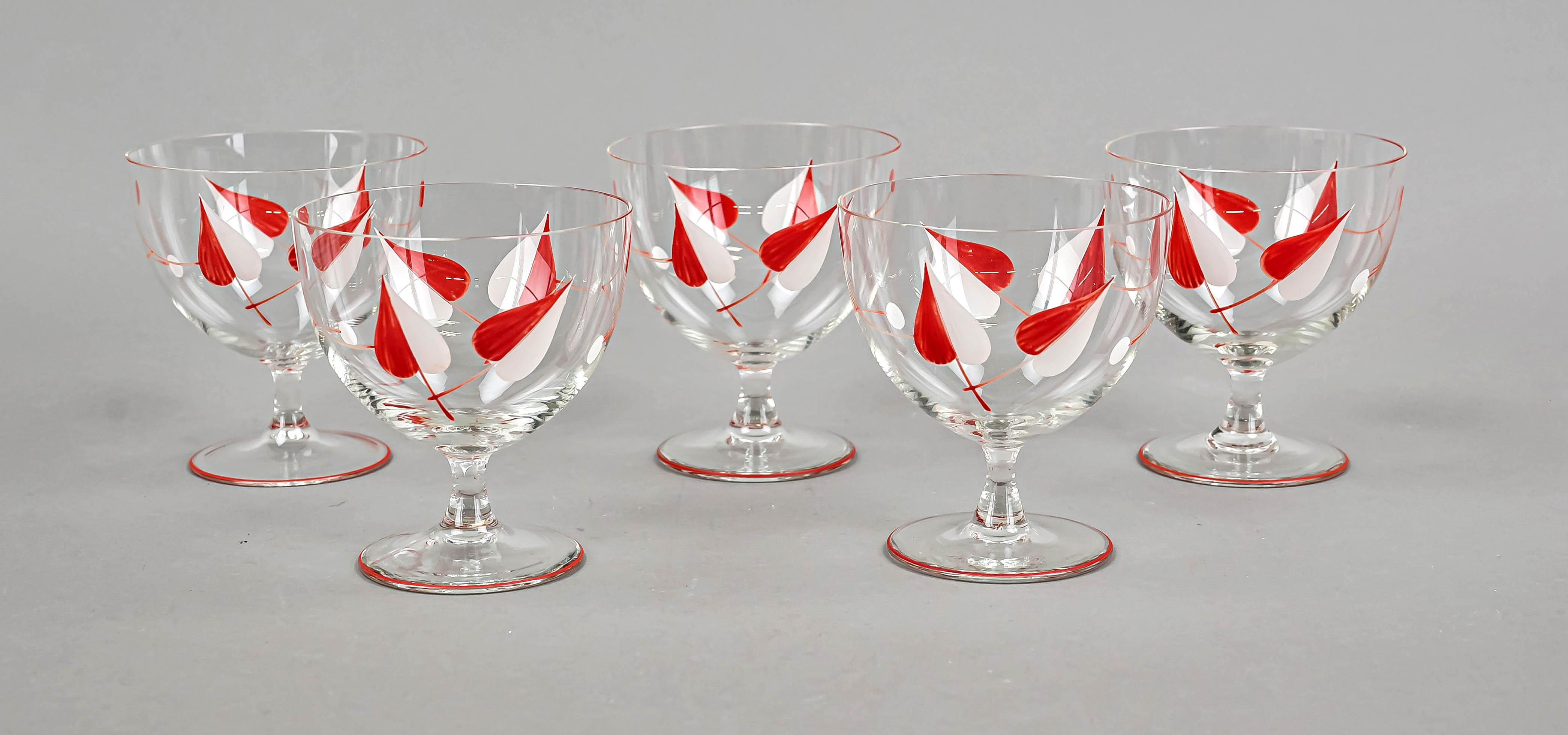 Five ice cream bowls, mid-20th century, round disc stand, slender short stem, dome with widening