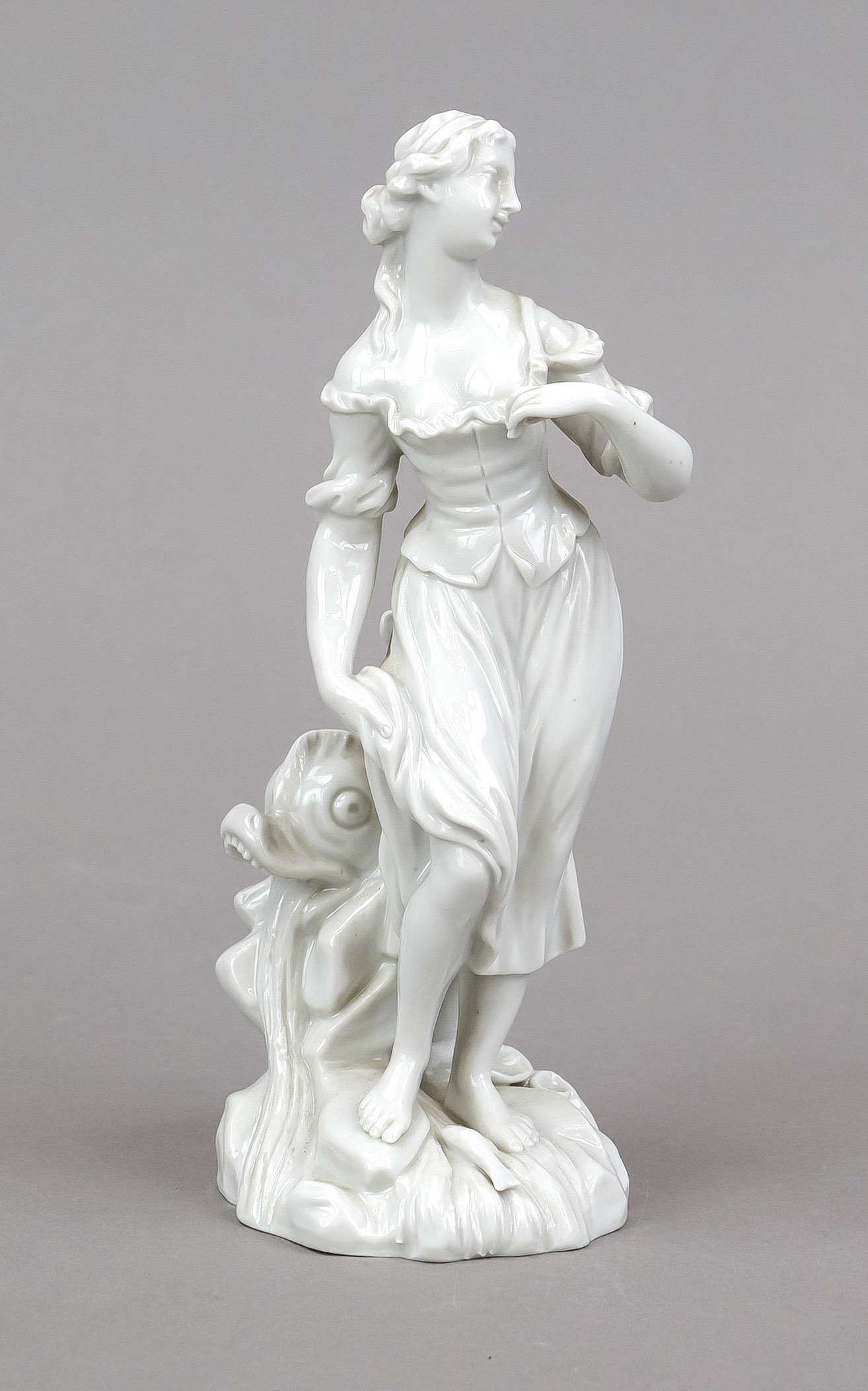 Allegorical figure, Volkstedt, Thuringia, early 20th century, figure of a girl next to a dolphin and