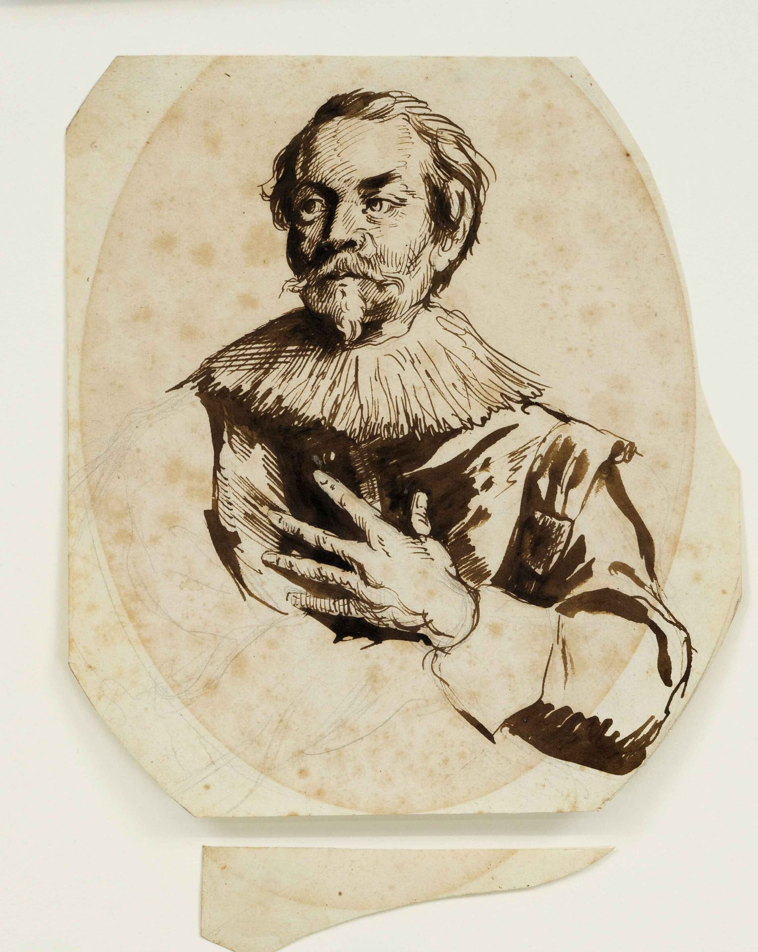 Unknown 17th century draughtsman, bust portrait of a man with ruff, pen and brush in brown over