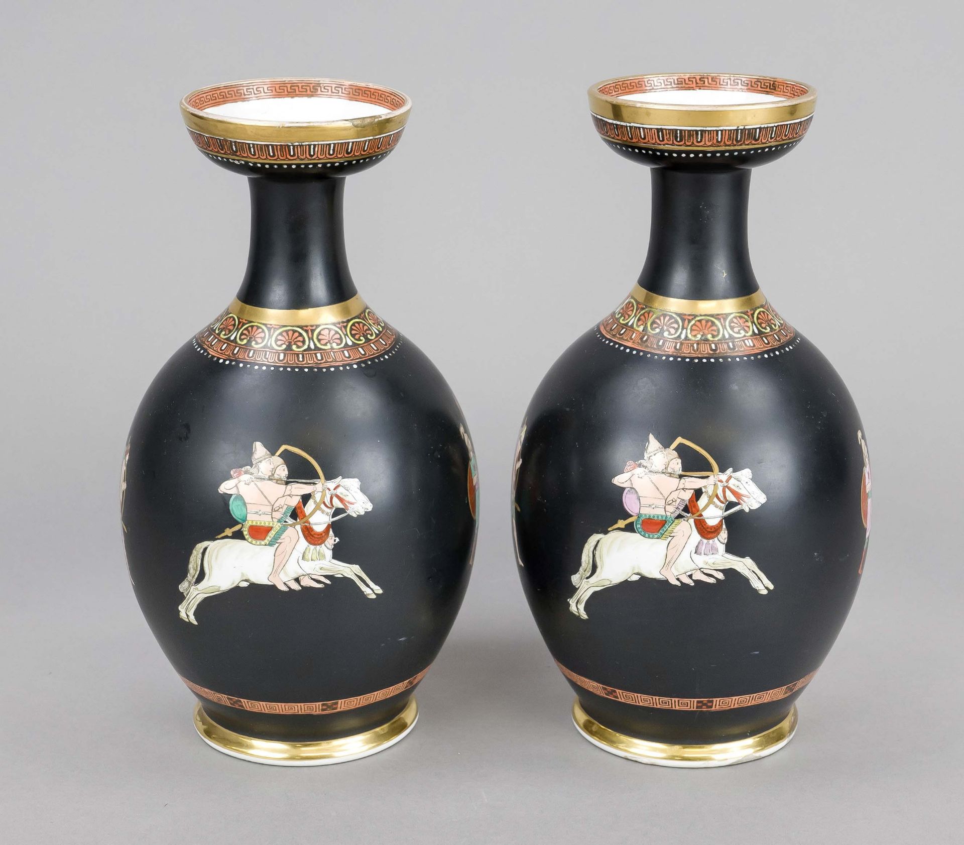 Pair of amphora vases, 20th century, polychrome painted all around with antique-style horsemen on - Image 2 of 2