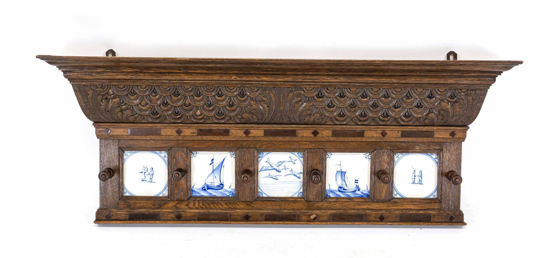 Dutch wardrobe from around 1880, oak, 5 Delft tiles with various motifs, 43 x 116 x 16 cm