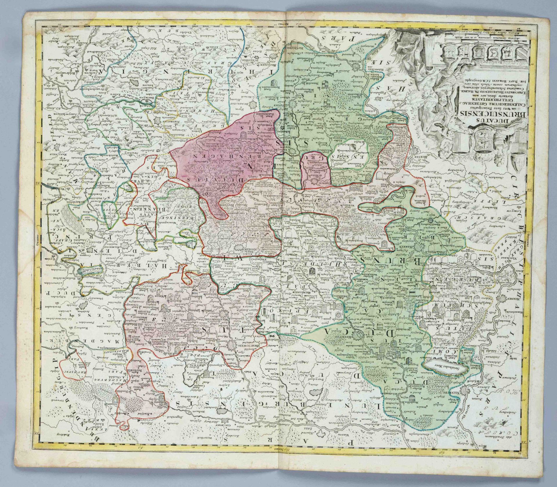 Historical map of the Principality of Brunswick, ''Ducatus Brunsuicensis...'', partly col. Copper