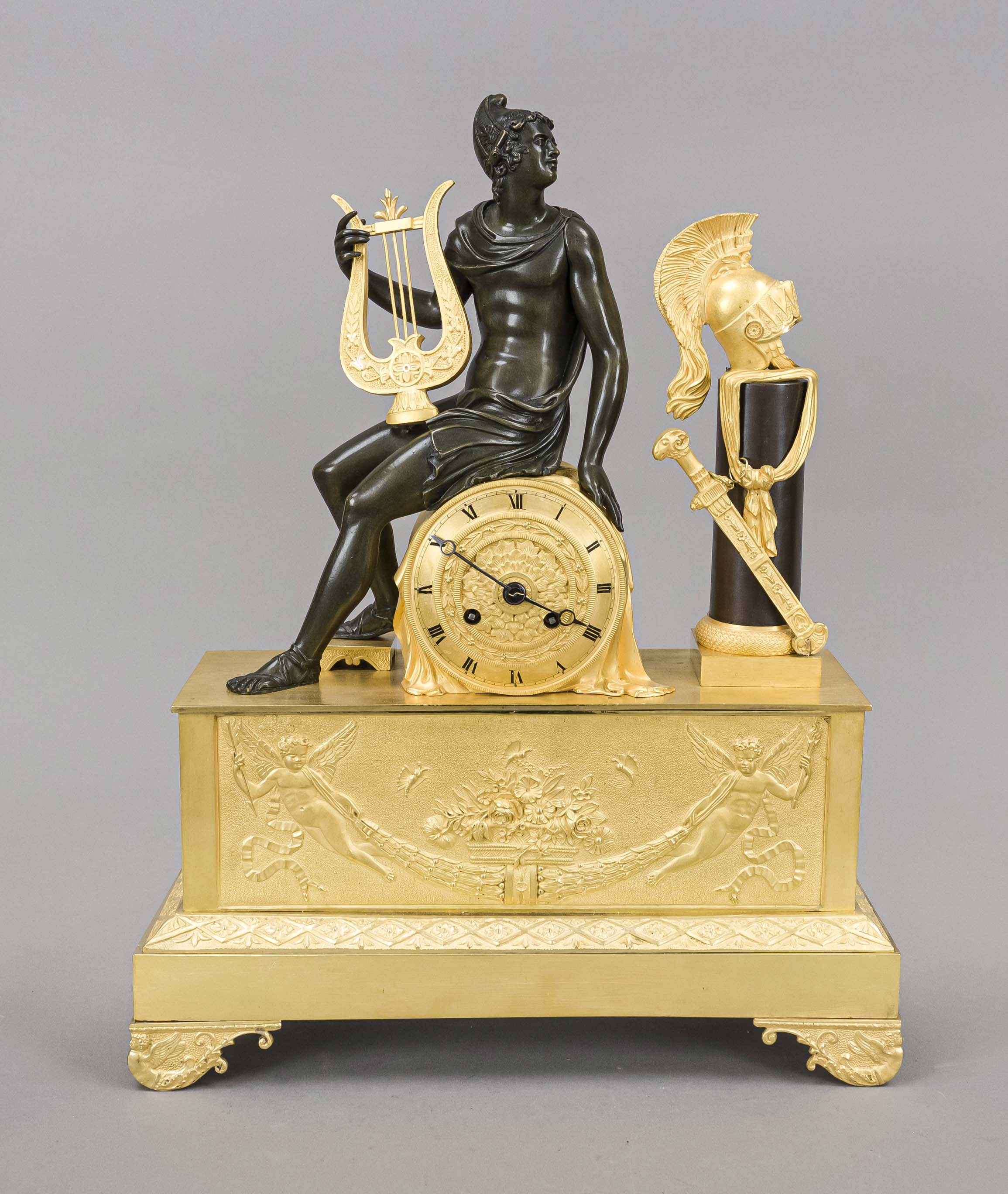 Empire Bronze Figures Pendulum, firegilt, 1st half 19th century, warrior with lyre on clock drum, on