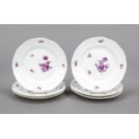 Six small plates, Nymphenburg, mark 1925-75, basket relief rim, with purple flower painting, Ø 12.