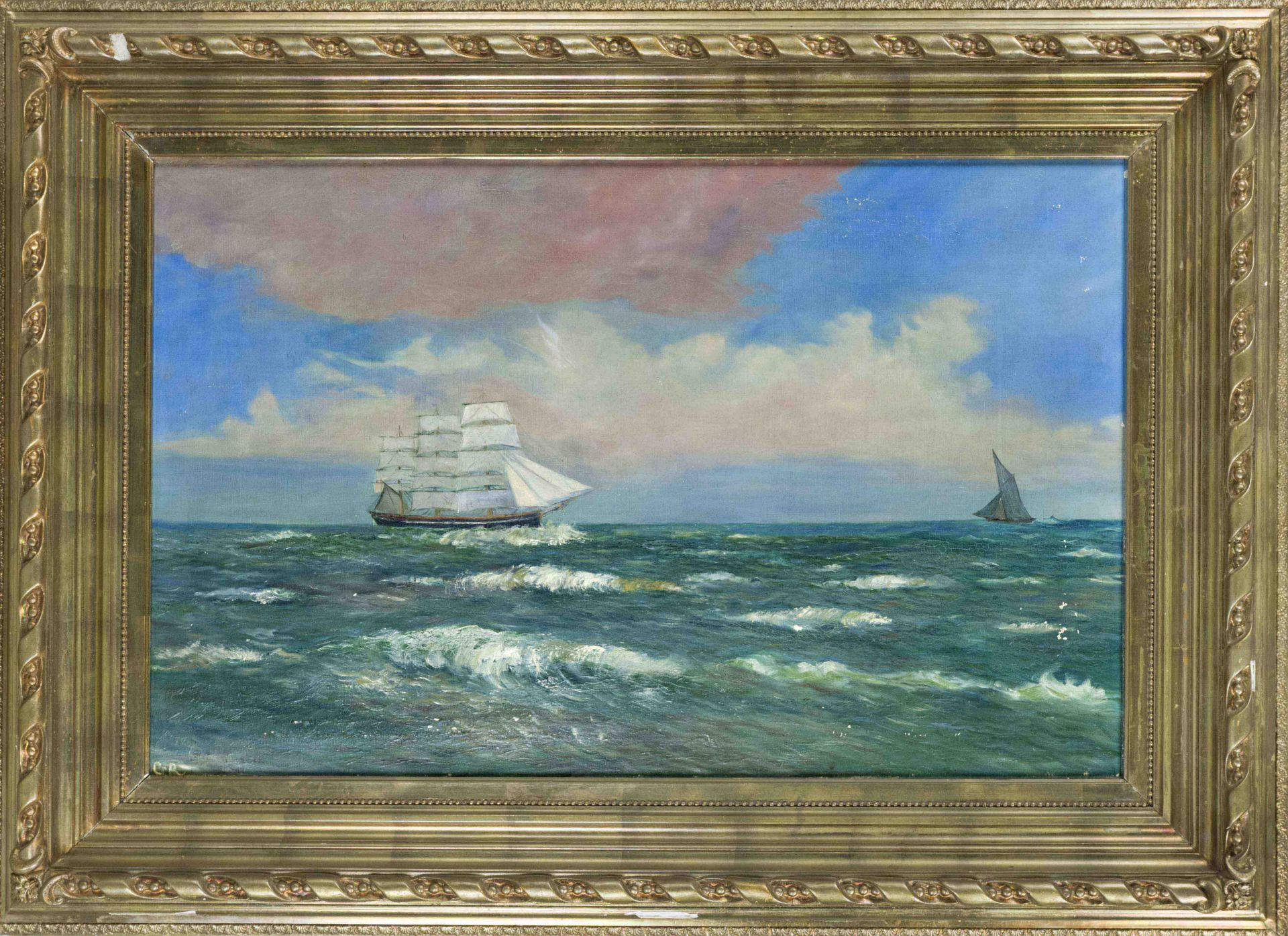 Monogrammist C.R., marine painter c. 1900, large seascape with sailing ships, oil on canvas,