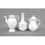 Three pieces Meissen, white, 2 coffee pots, jug, new cut-out, after 1934, deputation, rose