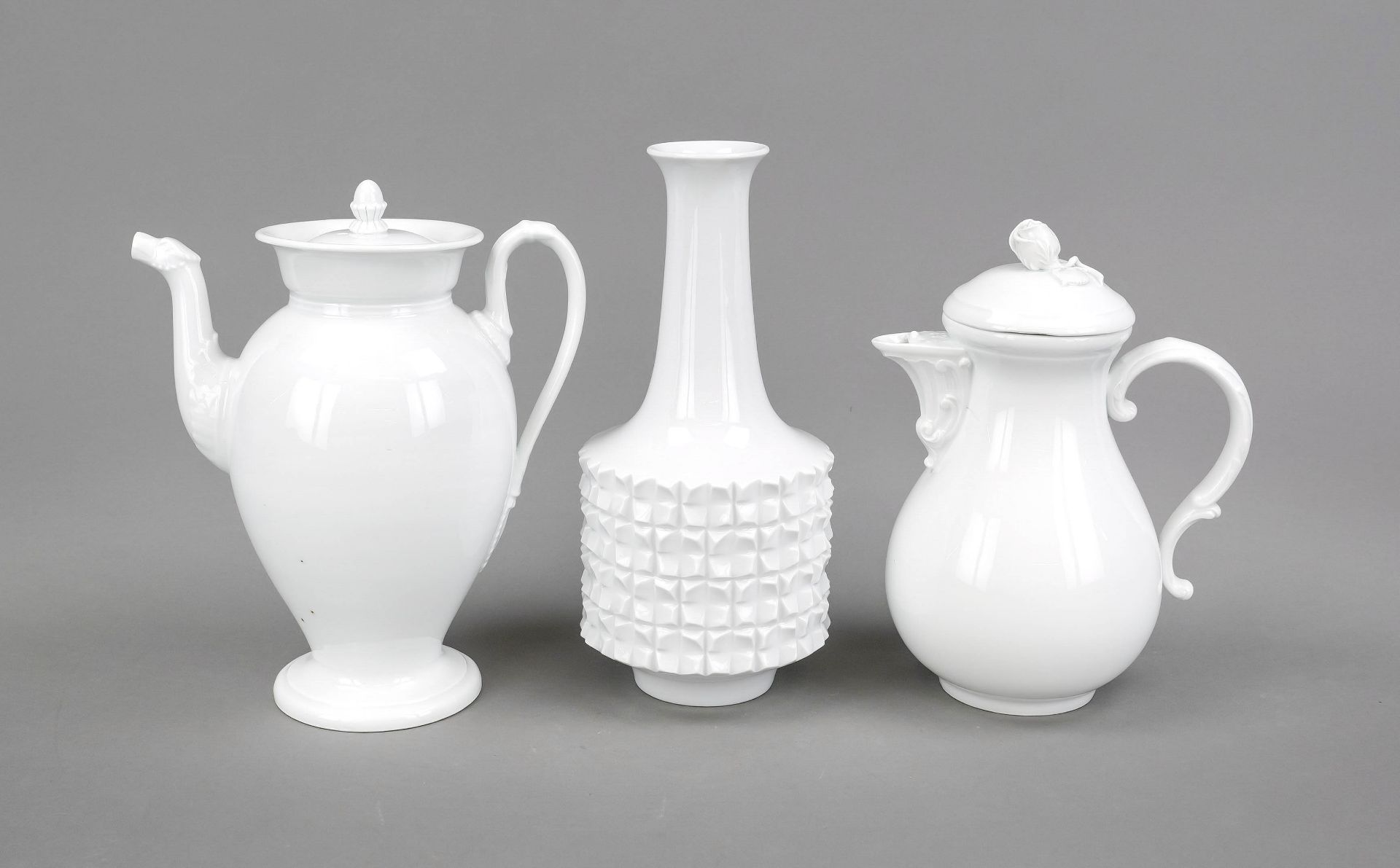 Three pieces Meissen, white, 2 coffee pots, jug, new cut-out, after 1934, deputation, rose