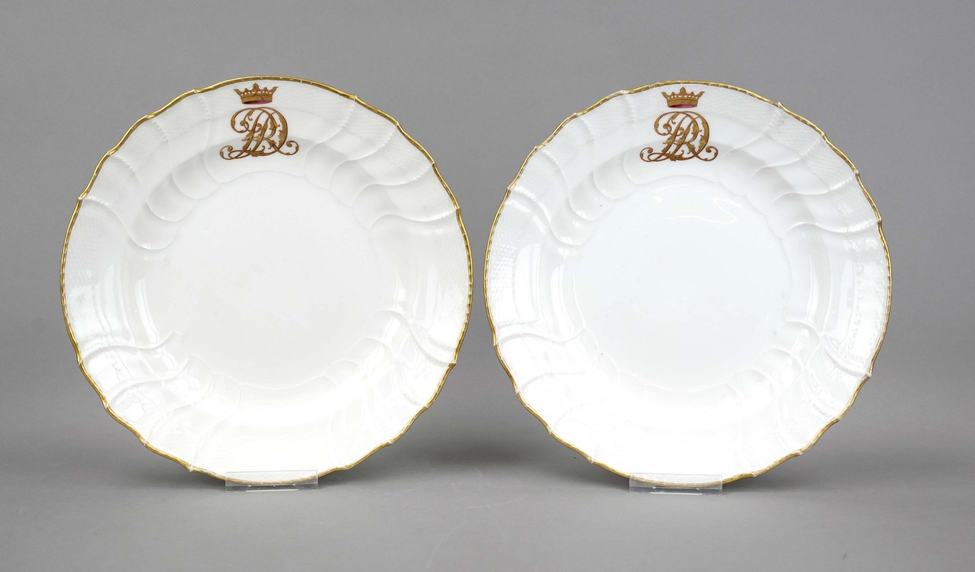 Two dinner plates owned by nobility, KPM Berlin, pre-1945 mark, red imperial orb mark, Neuozier