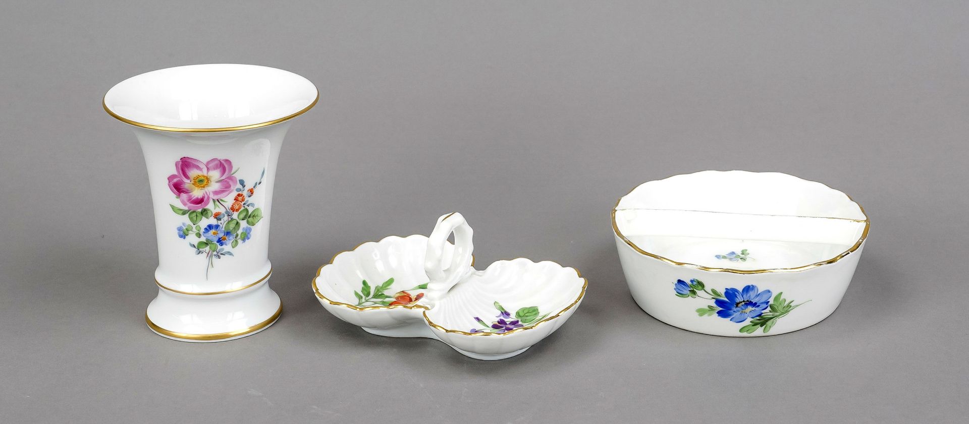 Three pieces, Meissen, 20th century, polychrome floral painting with gold rim, 2-piece saliere,