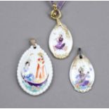 Three miniature painting pendants, Meissen, late 20th century, 1st choice, drop-shaped plaques,