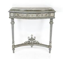 Console table in neoclassical style, c. 1900, carved wood, stuccoed and painted gray, inlaid gray
