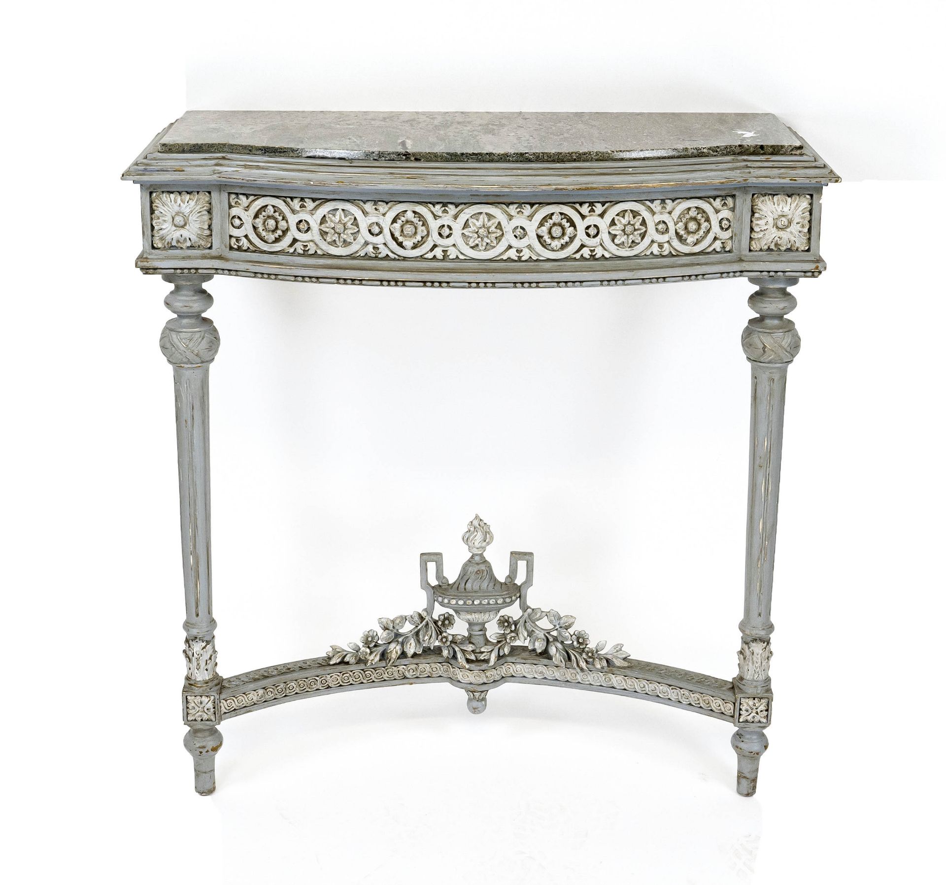 Console table in neoclassical style, c. 1900, carved wood, stuccoed and painted gray, inlaid gray