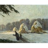 Hermann Lasch (1861-1926), Düsseldorf landscape painter, snowy winter landscape with haystacks and