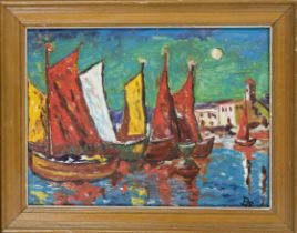 Monogrammist BS, 2nd half 20th century, Boats in a small Italian harbor, oil on cardboard, signed