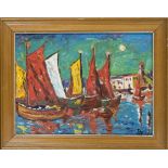 Monogrammist BS, 2nd half 20th century, Boats in a small Italian harbor, oil on cardboard, signed