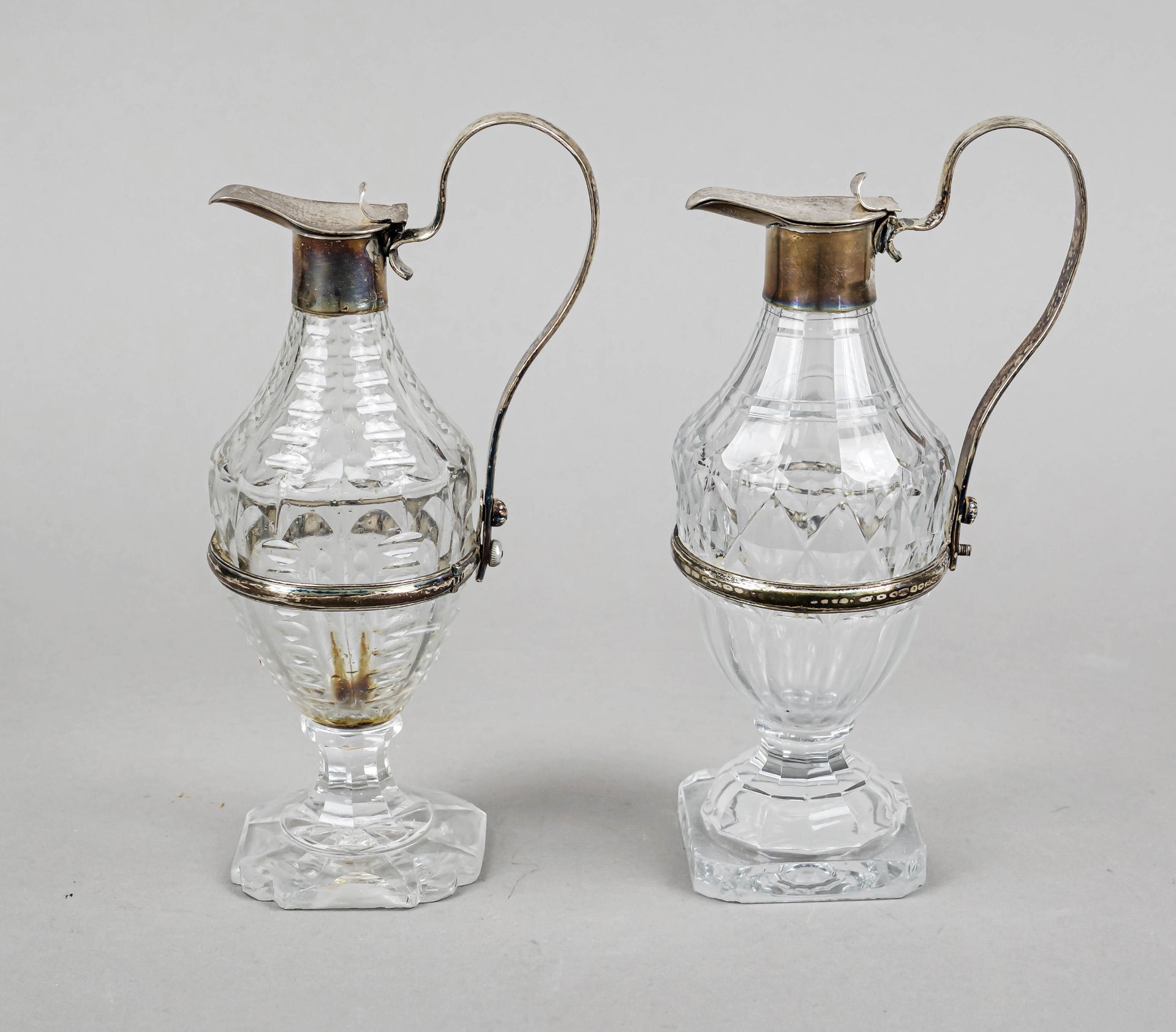 Two lemon jugs with silver mounting, early 20th century, silver tested or sterling silver 925/000,