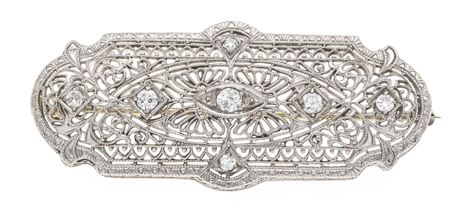Filigree brooch in Art Déco style platinum 820/000 unstamped, tested, with 7 brilliant-cut diamonds,