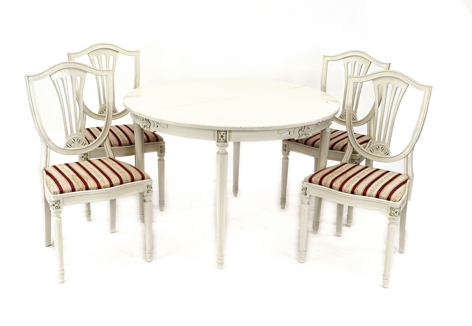Gustavian-style seating ensemble, 20th century, consisting of table with four chairs, white