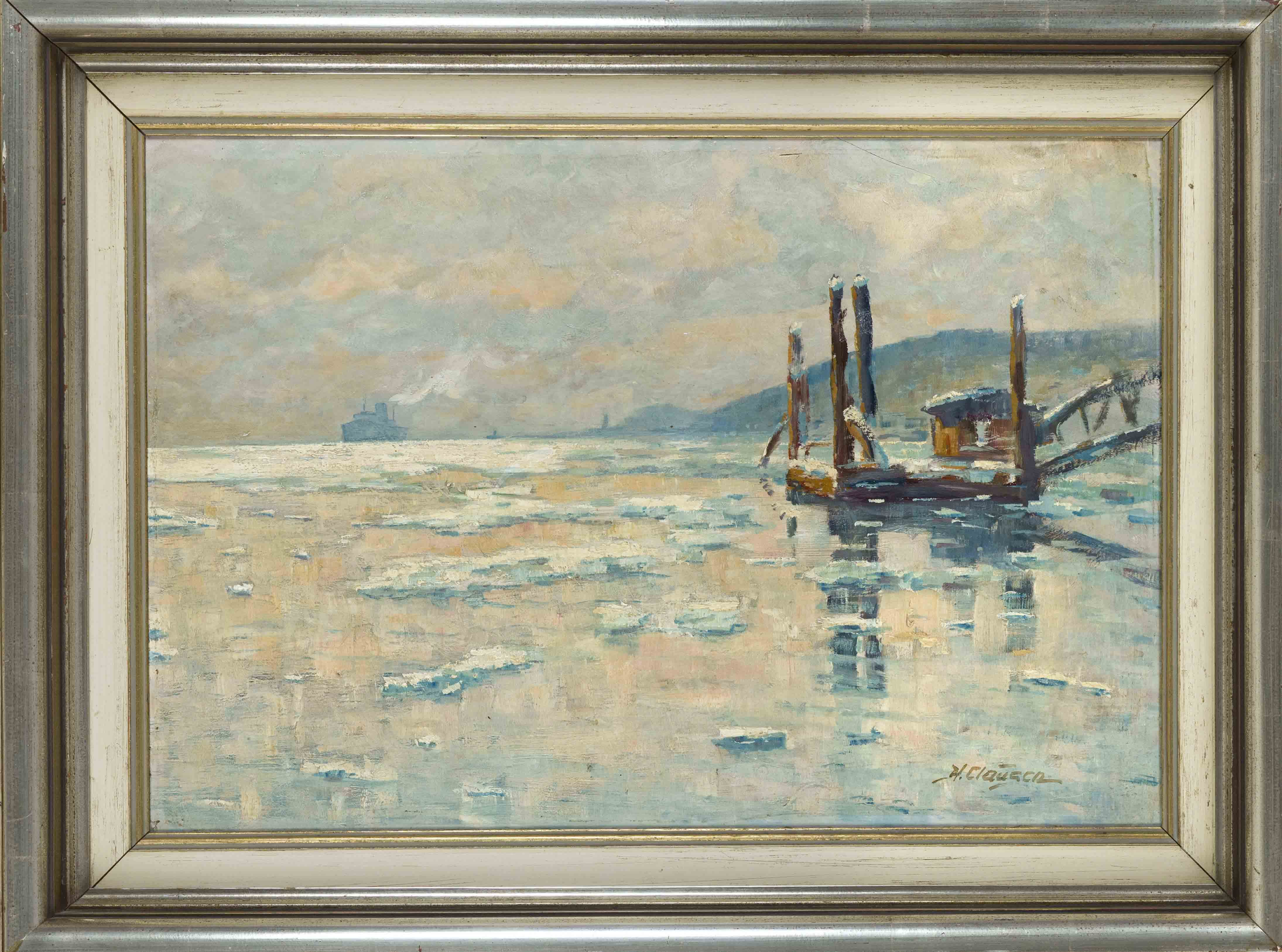 Hans Clausen (1896-1972), Danish landscape and marine painter, Coast in the Ice, oil on hardboard,