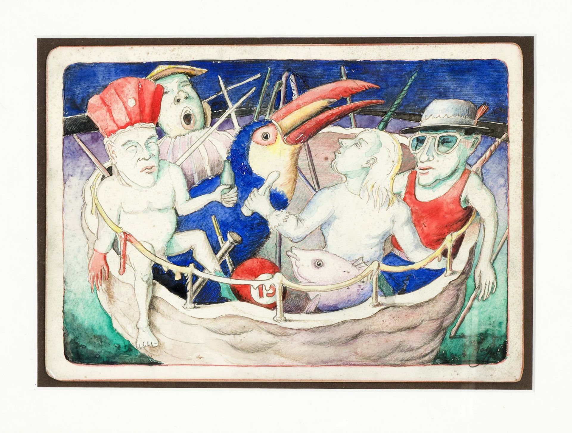 signed ''Mey'', 2nd half 20th century, surreal composition ''In der Nußschale'', watercolor and