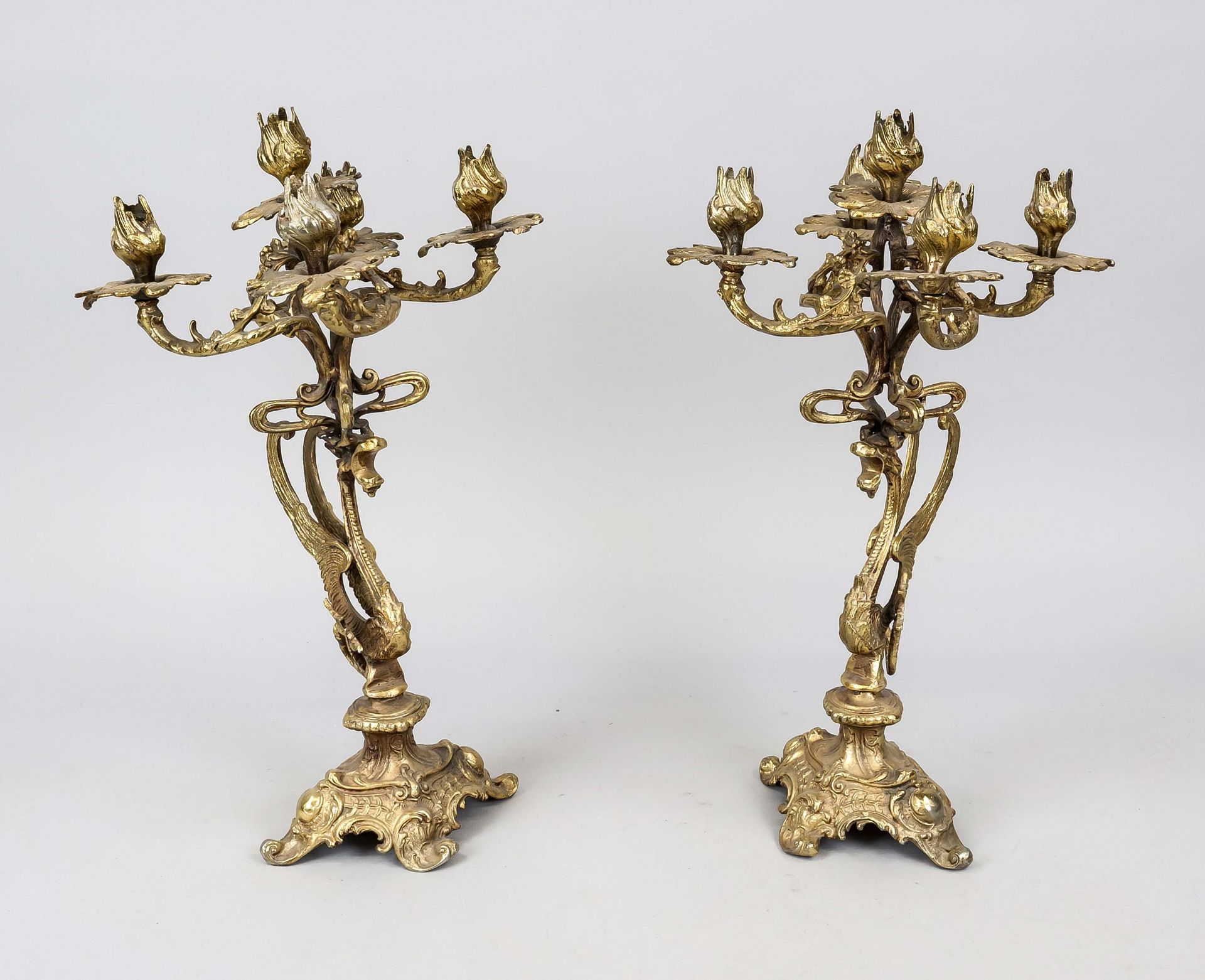 Pair of girandoles, 20th century, brass. Ornamented base, dragon shaft, each with 5 flames, rubbed &