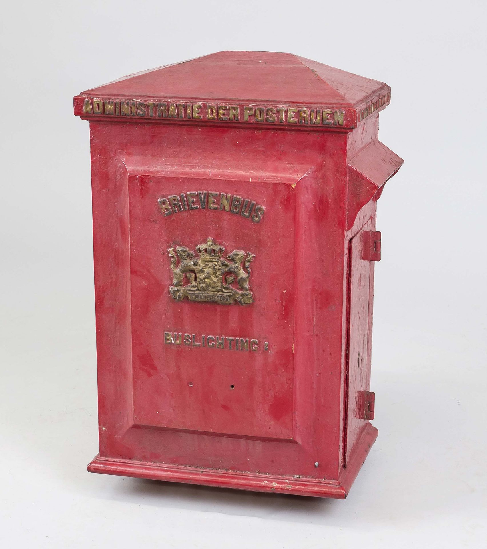 Large letterbox, Holland 19th/20th century, cast iron painted red and gold, lettering and coat of