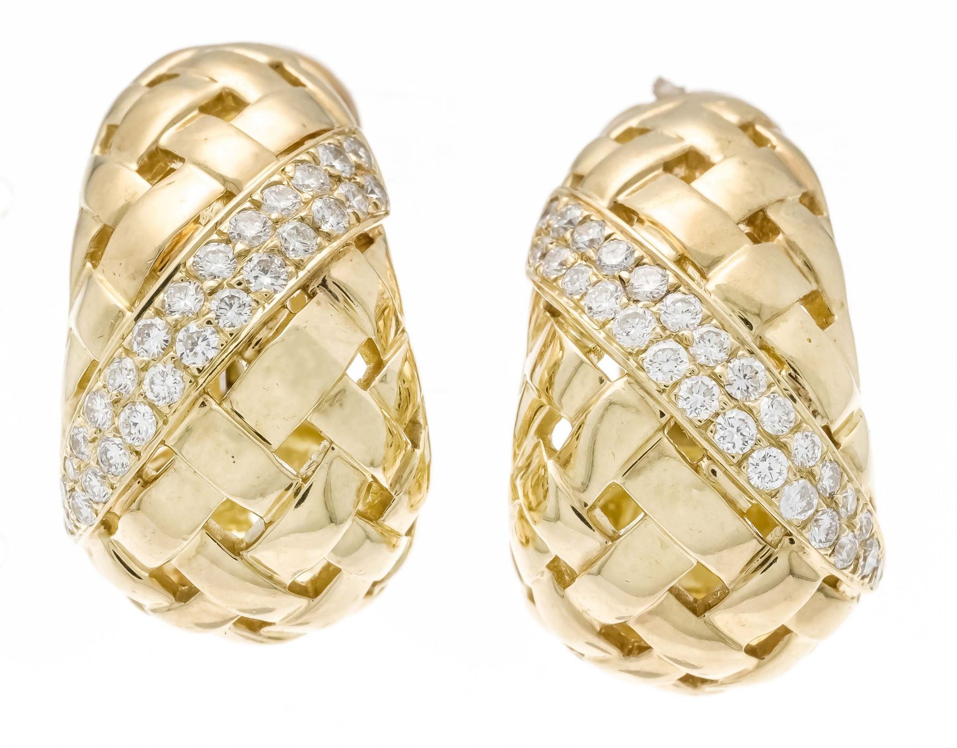 Brilliant earclips GG 750/000 unmarked, tested, in braided design with 54 brilliant-cut diamonds,