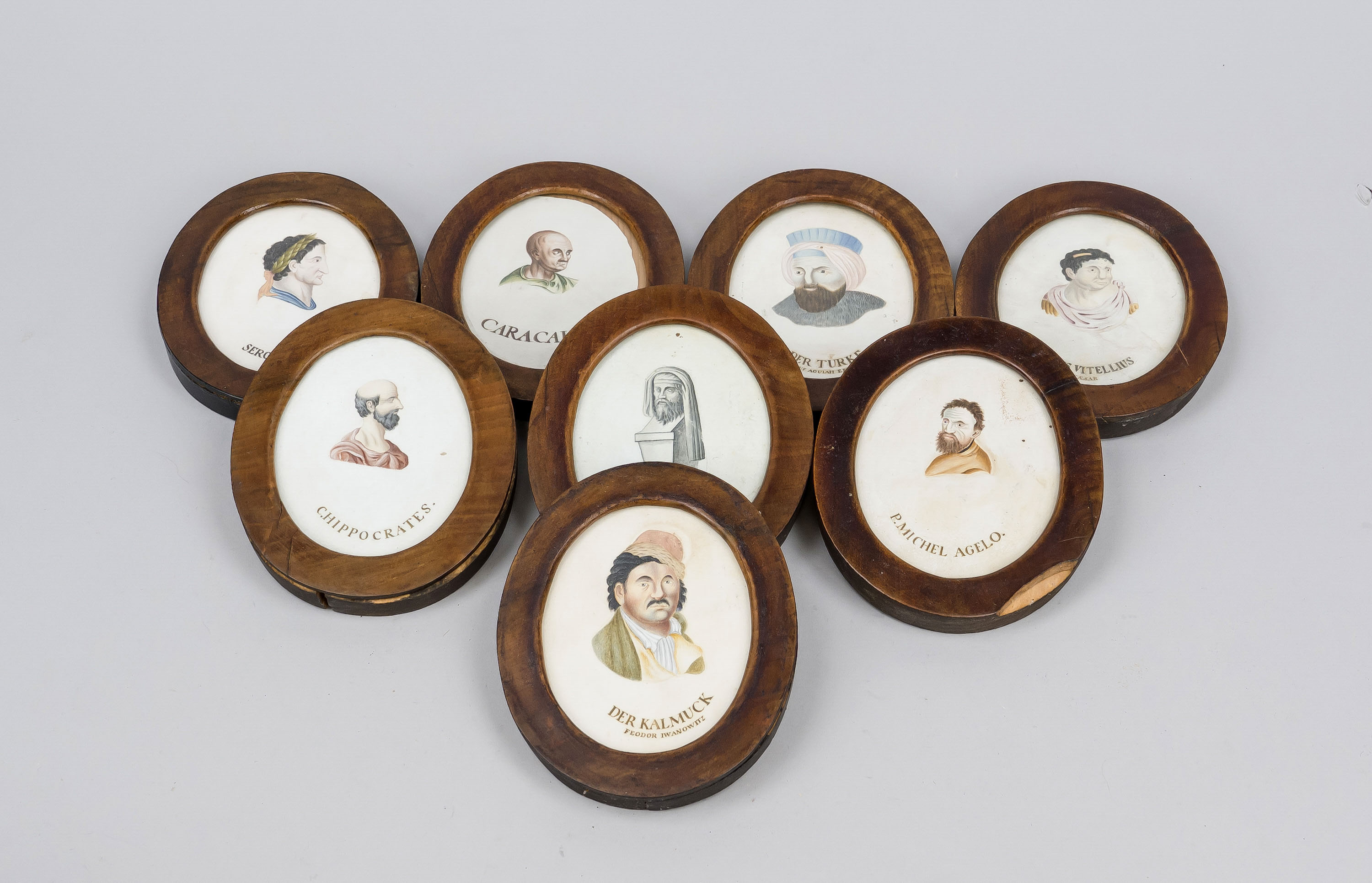 8 miniatures in oval wooden frames, 19th century Polychrome tempera painting on paper. Heads in