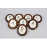 8 miniatures in oval wooden frames, 19th century Polychrome tempera painting on paper. Heads in