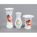 Three vases, Meissen, 20th century, 2nd choice, various shapes and sizes, 2x red Ming dragon