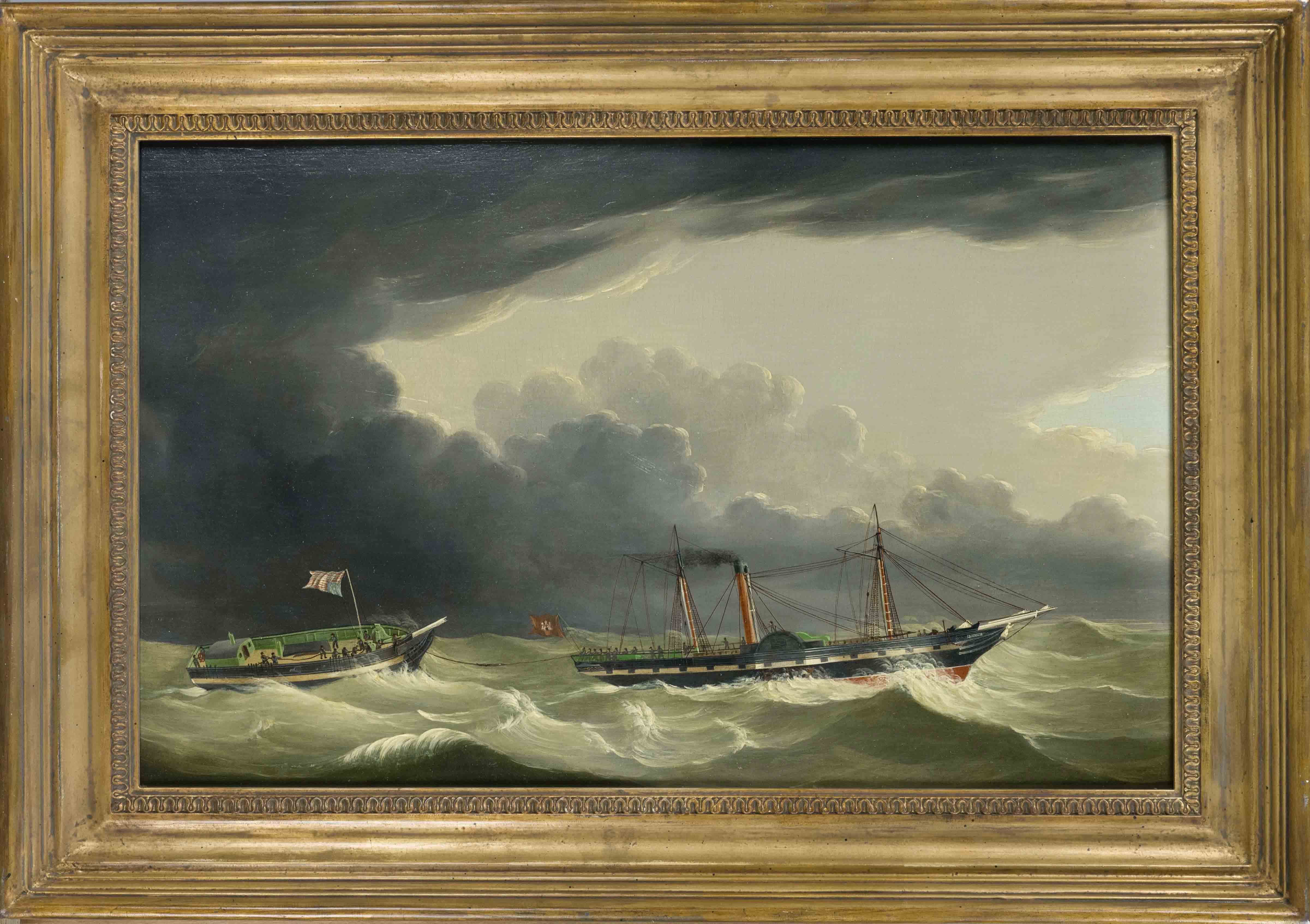 Anonymous 19th century marine painter, Steamer pulling a dinghy in a gathering storm, oil on wood,