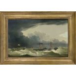 Anonymous 19th century marine painter, Steamer pulling a dinghy in a gathering storm, oil on wood,