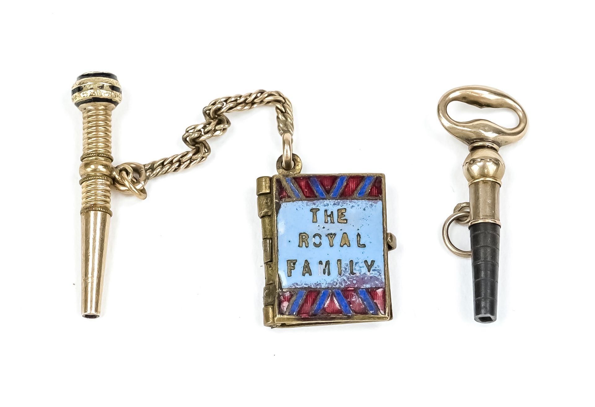 2 antique pocket watch keys, 19th century, one with ratchet, one with pendant of the royal family of