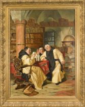 Genre painter early 20th century, three drinking monks enjoying themselves in the monastery library,