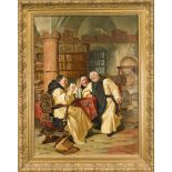 Genre painter early 20th century, three drinking monks enjoying themselves in the monastery library,