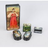 5 lacquer boxes, Russia, 2nd half 20th century, figural scenes and landscapes, ornamental gilding,