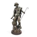 French sculptor c. 1900, young shepherd with lamb, patinated cast metal on wooden base, unsuetl,