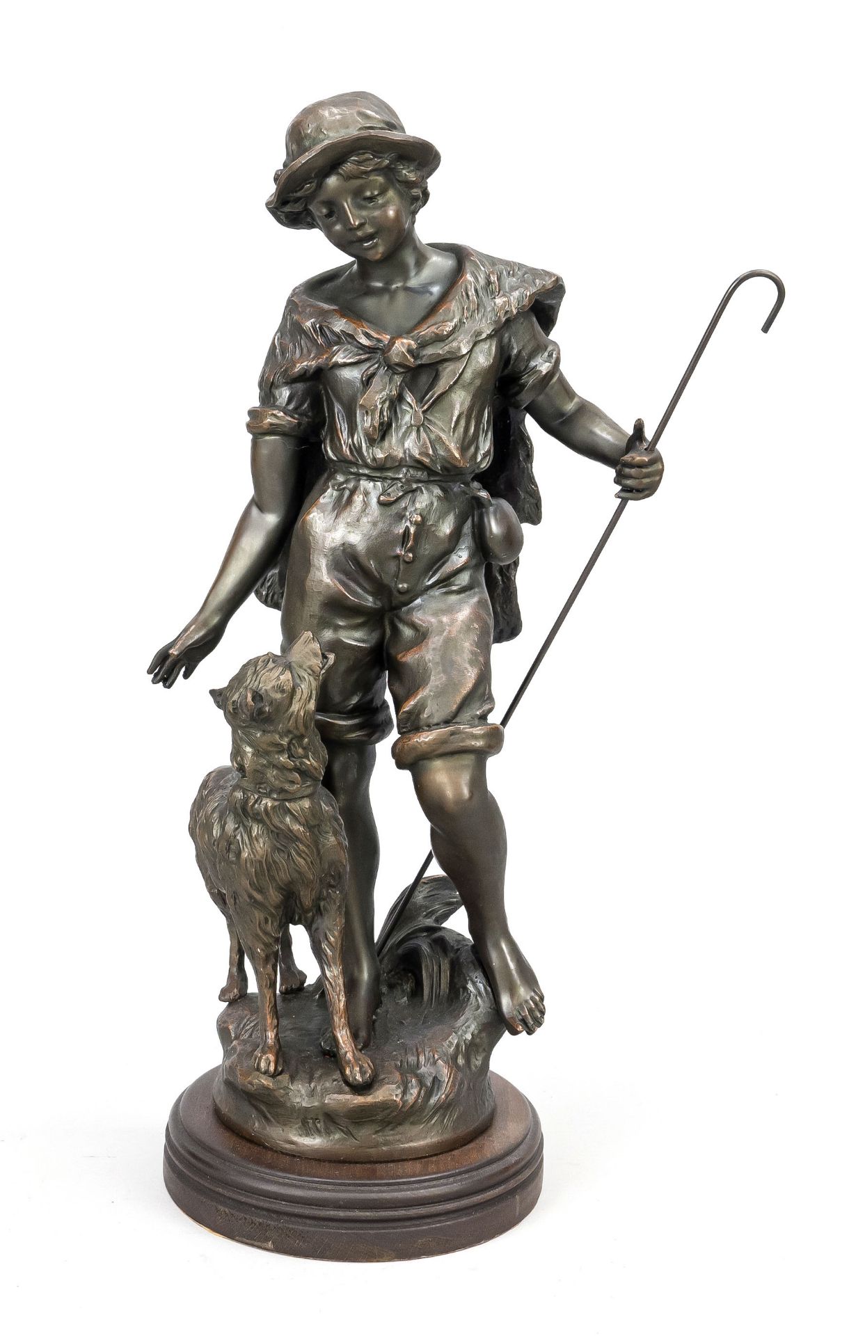 French sculptor c. 1900, young shepherd with lamb, patinated cast metal on wooden base, unsuetl,